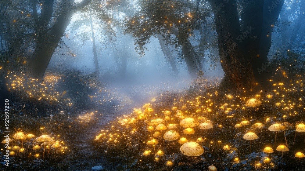 Enchanted Forest Path With Glowing Mushrooms and Fog. Enchanted Forest Path With Glowing Mushrooms and Fog.