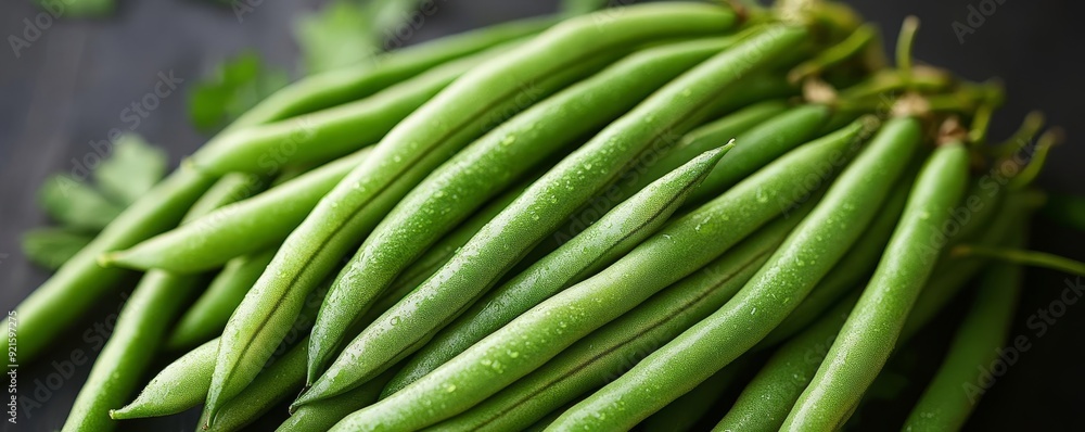 Close-up of freshly harvested organic green beans, vibrant green, dewy and crisp, Organic produce, farm freshness Close-up of freshly harvested organic green beans, vibrant green, dewy and crisp, Organic produce, farm freshness