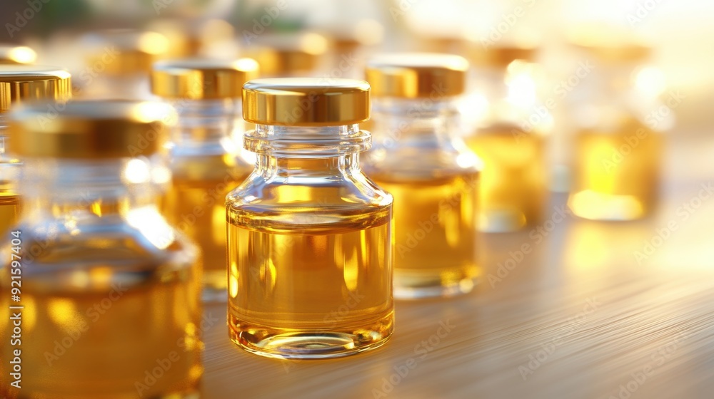 Sunlight highlights golden vials, showcasing their shimmering liquid on a wooden surface Sunlight highlights golden vials, showcasing their shimmering liquid on a wooden surface