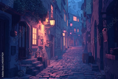 A quaint old town alley with cobblestone streets and soft glow. Cozy vibe, Generative AI photo