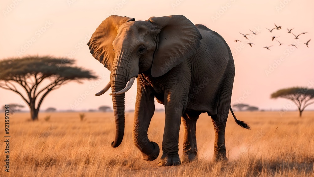 Obraz premium Elephant Walking at Sunset on African Savannah with Birds Flying in Background