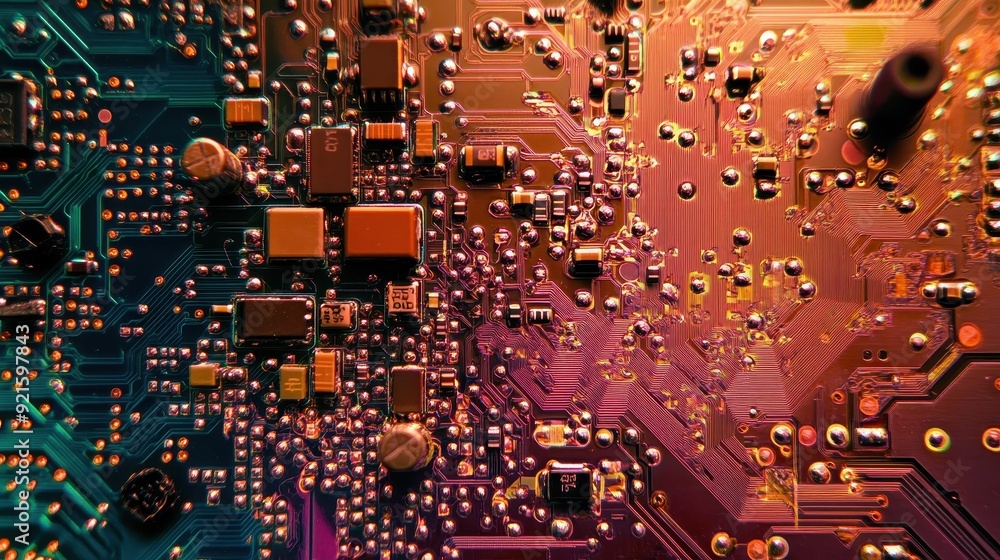 Obraz premium Abstract Macro Close-up of Circuit Board with Red and Blue Hues.