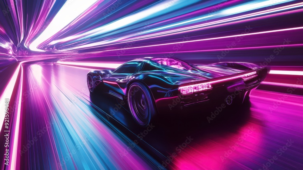 Futuristic Black Sports Car Speeding Through Neon Tunnel with Pink and Blue Lights Futuristic Black Sports Car Speeding Through Neon Tunnel with Pink and Blue Lights