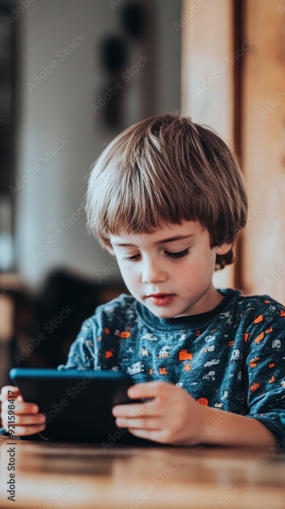 A boy focuses intently on his tablet while sitting at a wooden table in his home A boy focuses intently on his tablet while sitting at a wooden table in his home