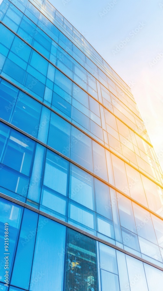 The glass faГ§ade of a contemporary building reflects sunlight and the blue sky above The glass faГ§ade of a contemporary building reflects sunlight and the blue sky above