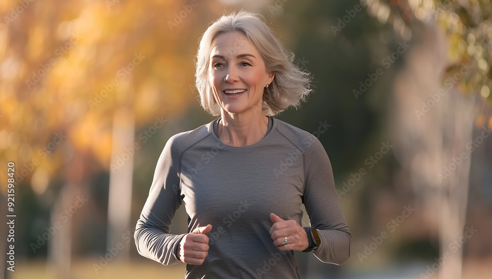 Senior Woman Enjoying a Healthy Jog in the Park on a Bright Morning Senior Woman Enjoying a Healthy Jog in the Park on a Bright Morning