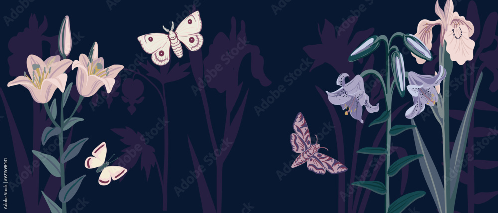 vector drawing flowers and butterflies by night at dark blue background, hand drawn botanical illustration vector drawing flowers and butterflies by night at dark blue background, hand drawn botanical illustration
