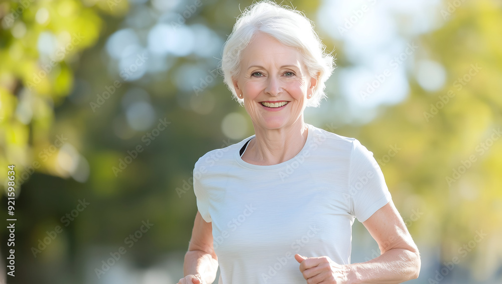 Senior Woman Enjoying a Healthy Jog in the Park on a Bright Morning Senior Woman Enjoying a Healthy Jog in the Park on a Bright Morning
