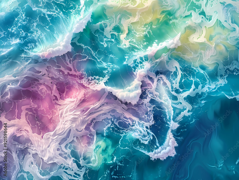 Fototapeta premium illustration. Abstract geometric dynamic. waves sea shapes white, blue, pink, and yellow colors. wallpaper
