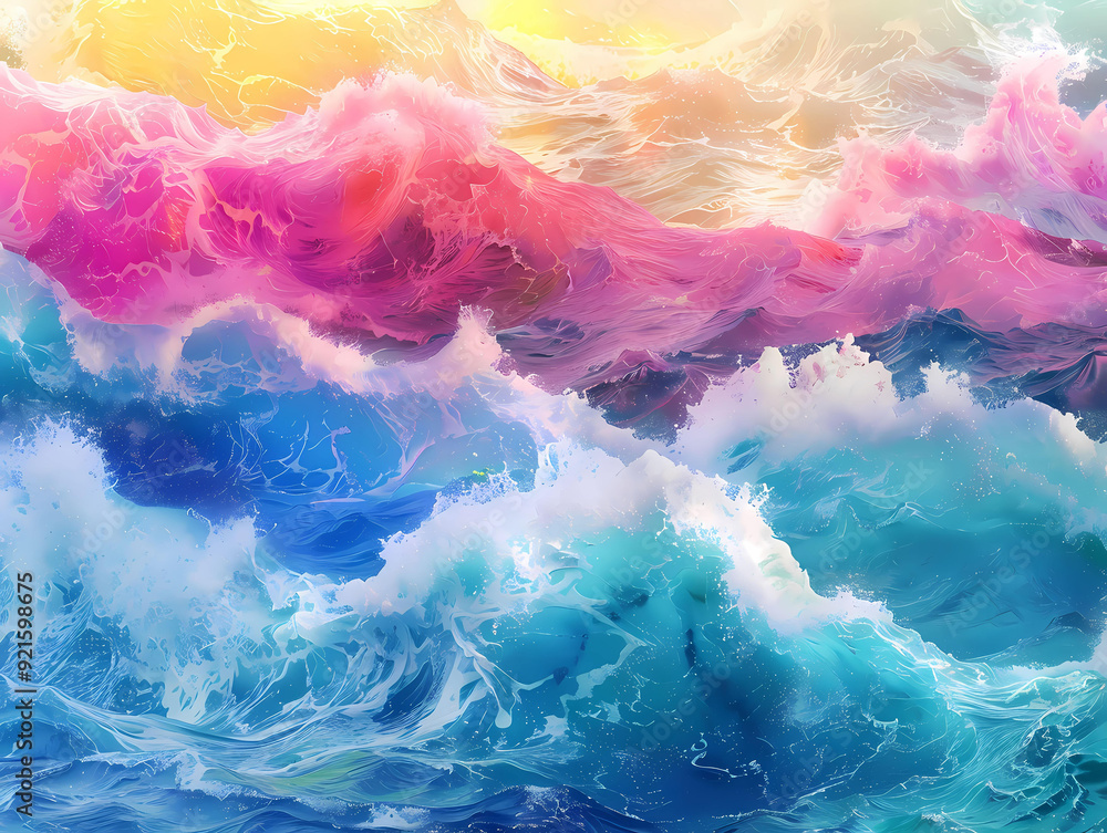 Fototapeta premium illustration. Abstract geometric dynamic. waves sea shapes white, blue, pink, and yellow colors. wallpaper