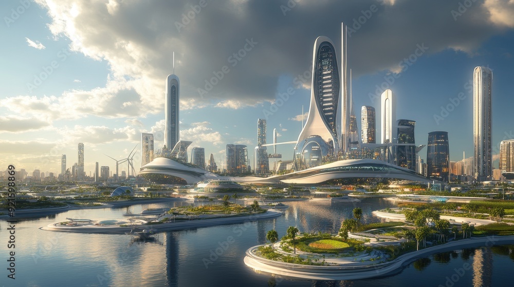 Obraz premium Futuristic Cityscape with Modern Architecture and Lush Greenery - A Vision of the Future.