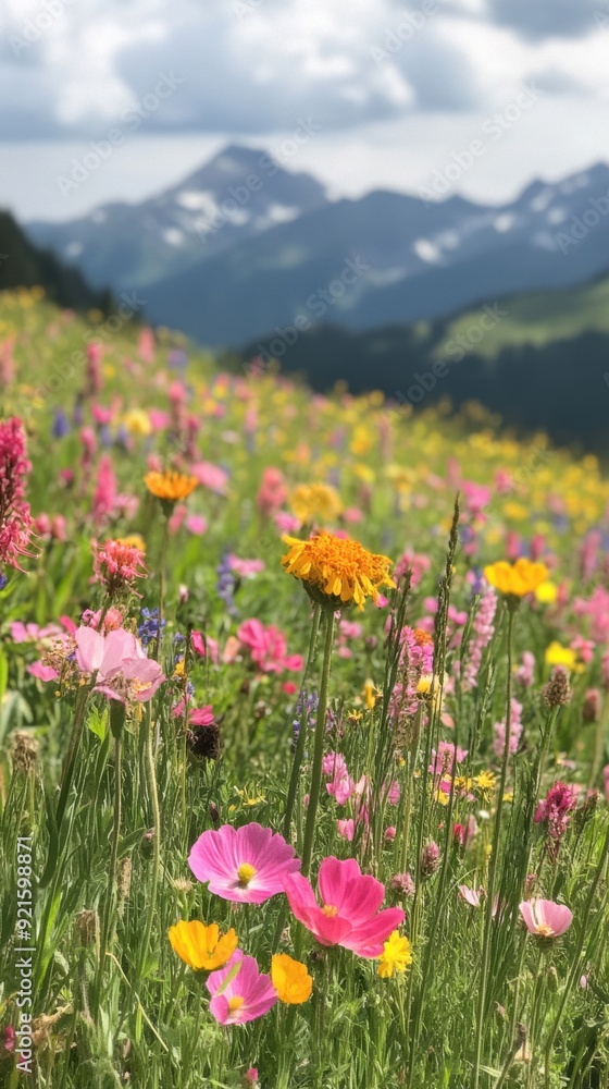 Fototapeta premium Colorful wildflowers create a stunning display against a backdrop of majestic mountains