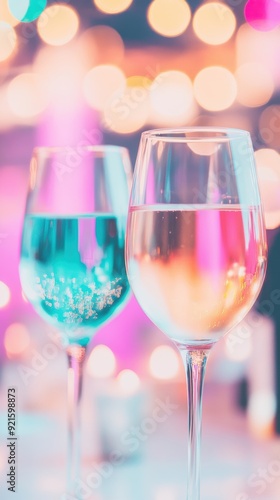 Two exquisite wine glasses reflect vibrant bokeh lights at a festive gathering filled with laughter and joy