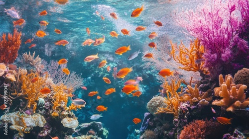 Vibrant Coral Reef with Orange Fish and Pink Sea Fans.