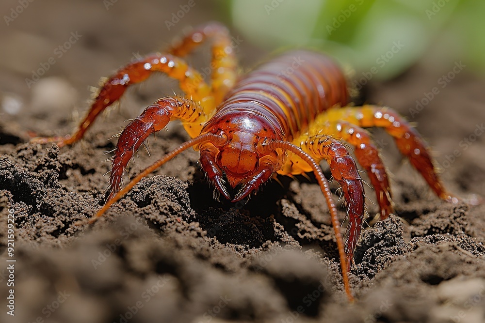A close-up view of a vibrant, orange-brown insect crawling on the soil, showcasing intricate details and natural beauty.