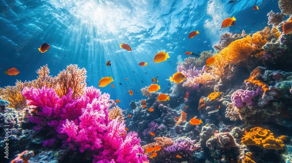Obraz premium Vibrant Underwater Coral Reef with Colorful Fish and Sunbeams.