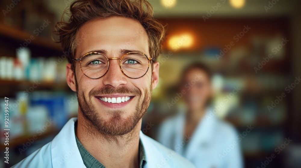 A friendly pharmacist in a white coat enjoys interaction with customers while a cat sits nearby A friendly pharmacist in a white coat enjoys interaction with customers while a cat sits nearby