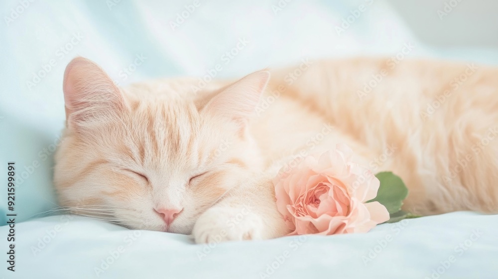 Obraz premium A fluffy cat rests on a light blue surface, gently nestled next to a beautiful pink rose
