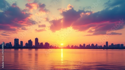 Fototapeta Naklejka Na Ścianę i Meble -  A stunning sunset casts vibrant colors over a city skyline by the shore