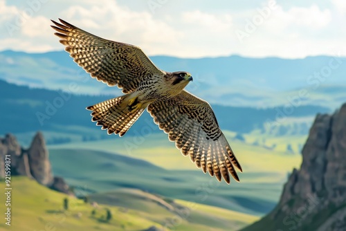 A majestic falcon soars gracefully over a breathtaking natural landscape, showcasing its powerful wings and keen eyesight.