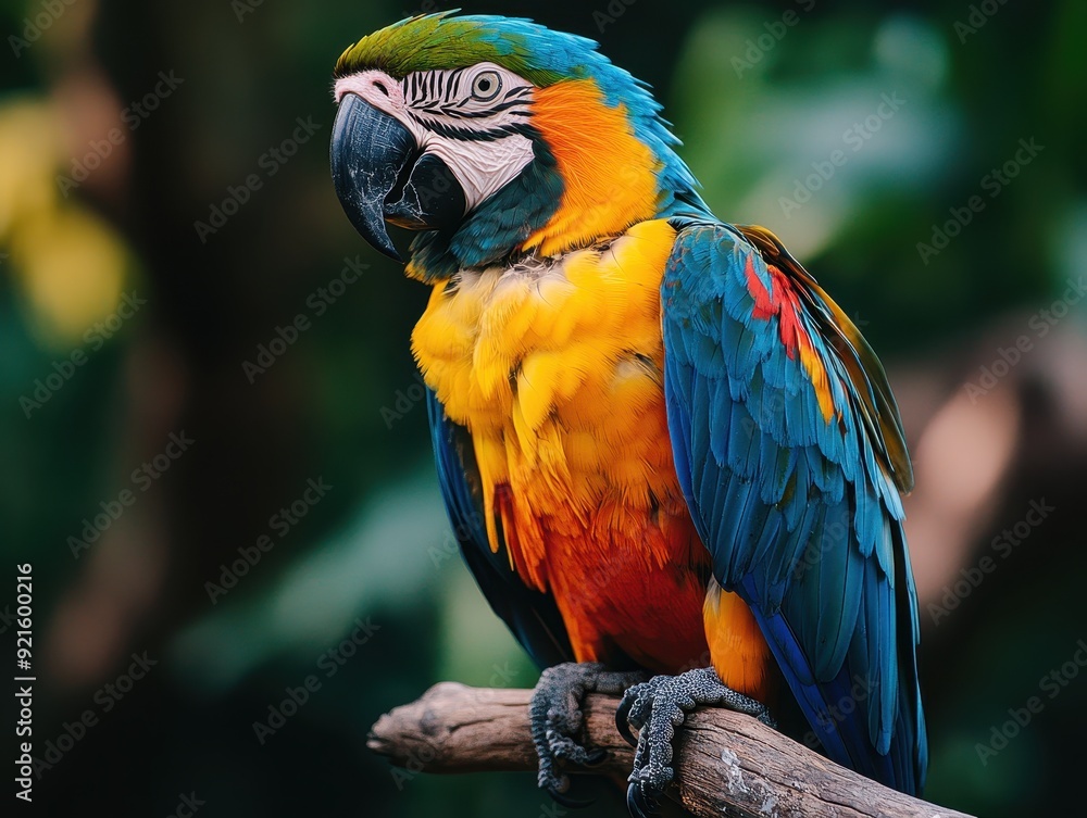 Obraz premium Close-up of a Vibrant Blue and Yellow Macaw Perched on a Branch