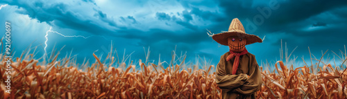 Scarecrow Standing in a Stormy Cornfield at Sunset