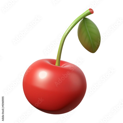 A shiny, vibrant red cherry with a green stem and leaf, rendered in a 3D style with a smooth, glossy texture and bright coloring