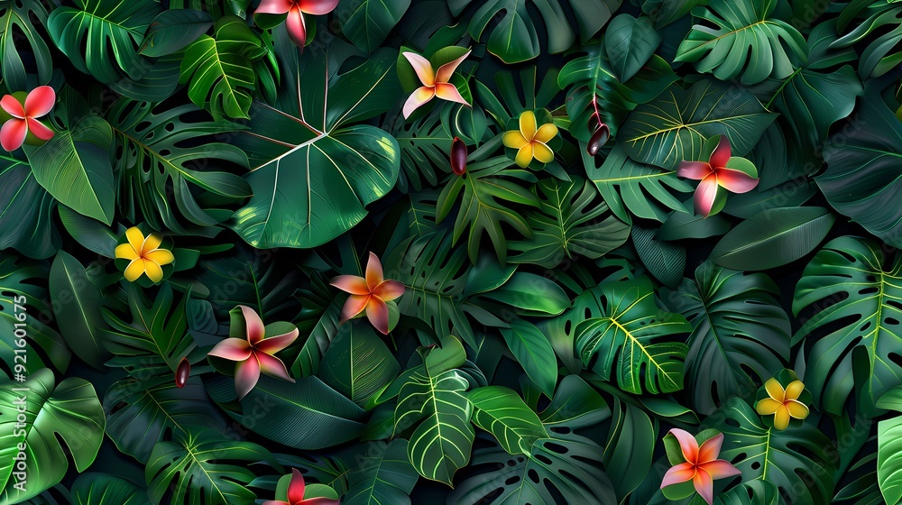 A lush tropical foliage backdrop with vibrant pink and yellow flowers. A lush tropical foliage backdrop with vibrant pink and yellow flowers.