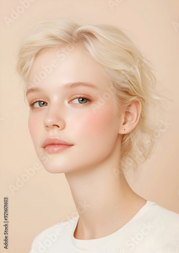 Young Woman with Blonde Hair and Natural Makeup, Showing Smooth Skin and Elegant Features