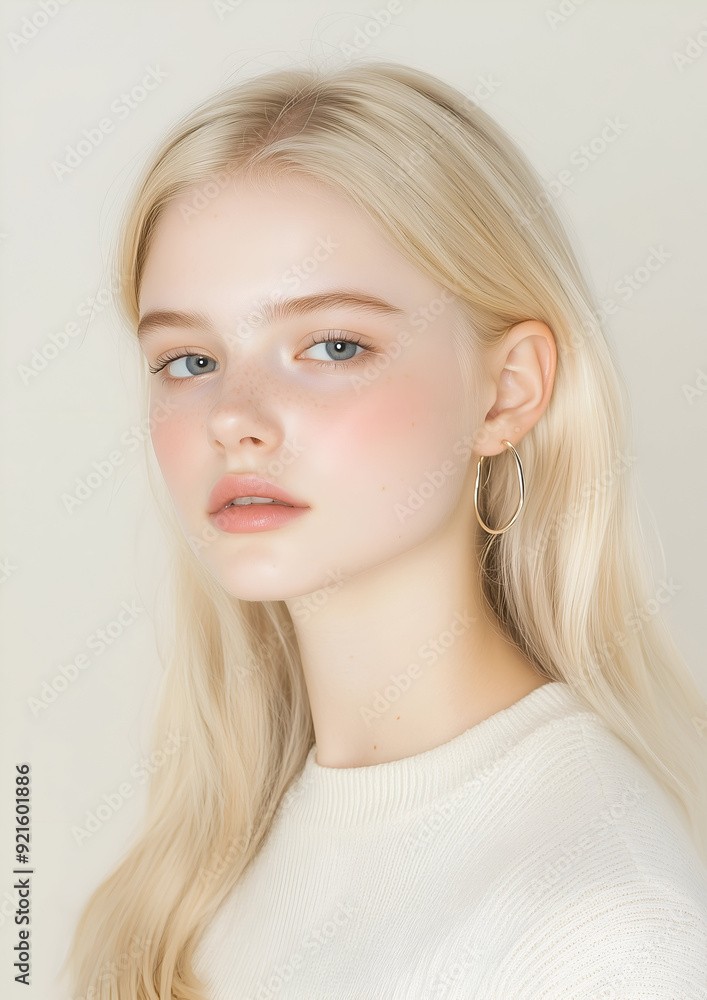 Young Woman with Blonde Hair and Natural Makeup, Showing Smooth Skin and Elegant Features Young Woman with Blonde Hair and Natural Makeup, Showing Smooth Skin and Elegant Features