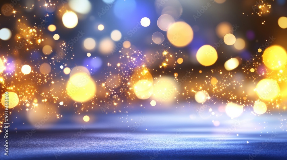 Naklejka premium Golden bokeh lights twinkle against a dark blue backdrop, creating a festive and enchanting environment