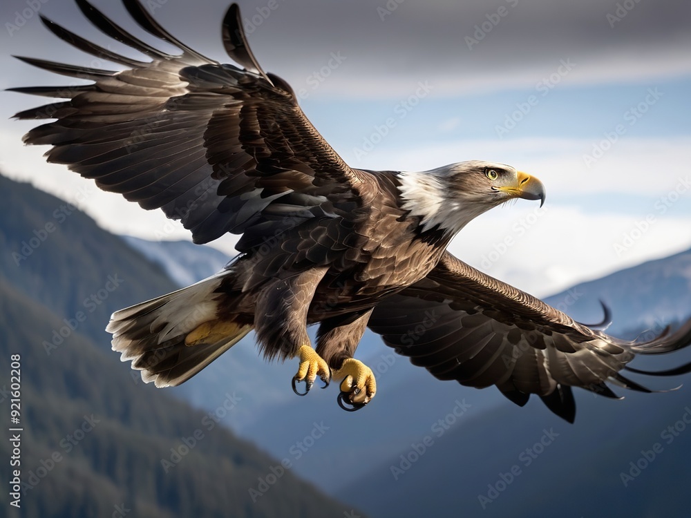Fototapeta premium A white-headed eagle in flight over the mountains