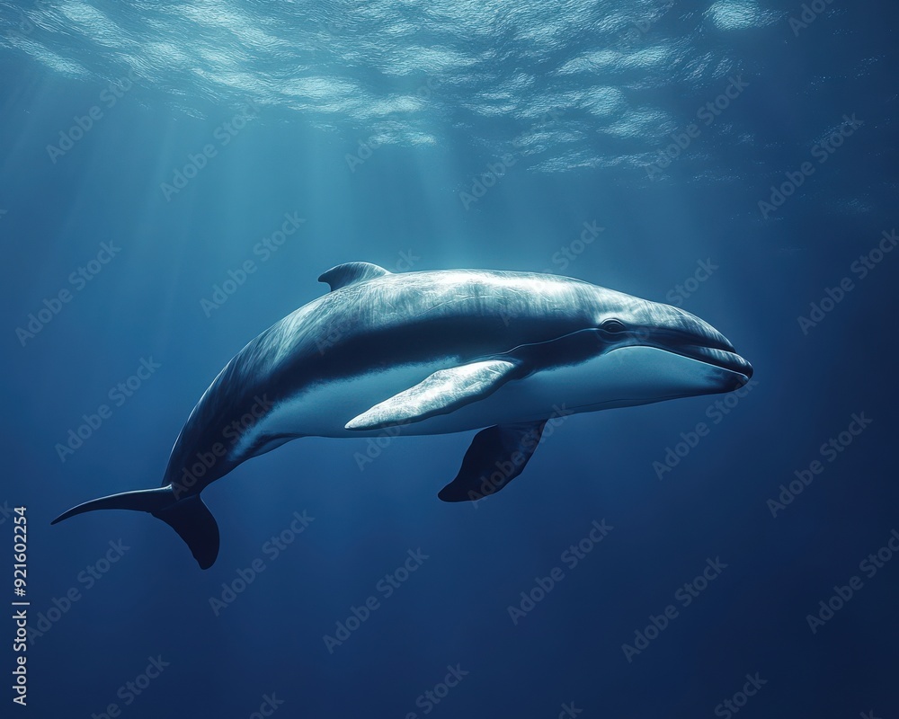 Fototapeta premium A majestic dolphin swimming gracefully through the serene blue ocean waters, illuminated by soft sunlight beams.