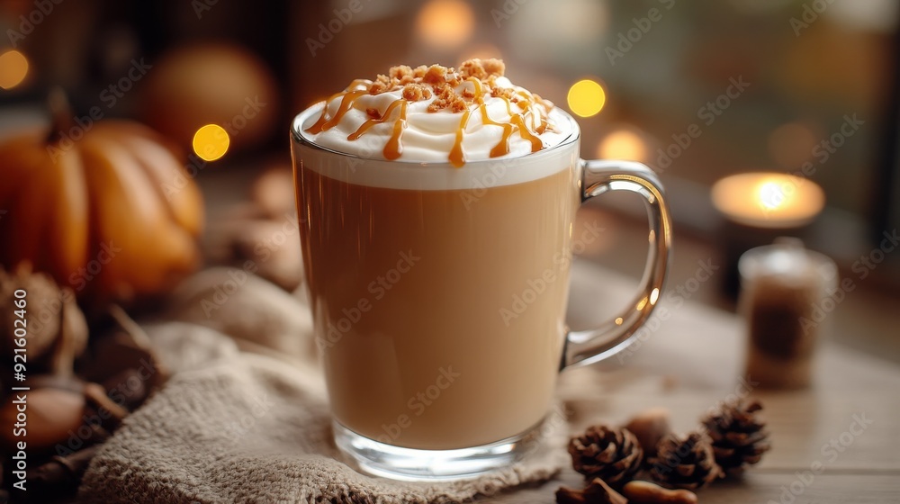 Butterscotch Latte on Cozy Café Table with Autumn Décor