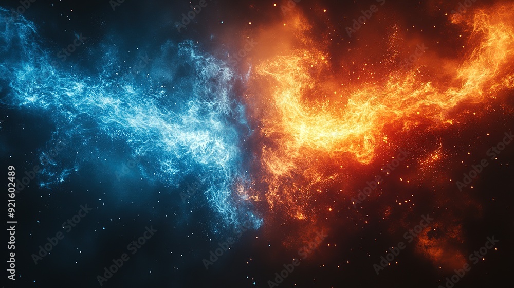 Fototapeta premium Abstract Blue and Orange Fire-Like Streaks in a Dark Sky