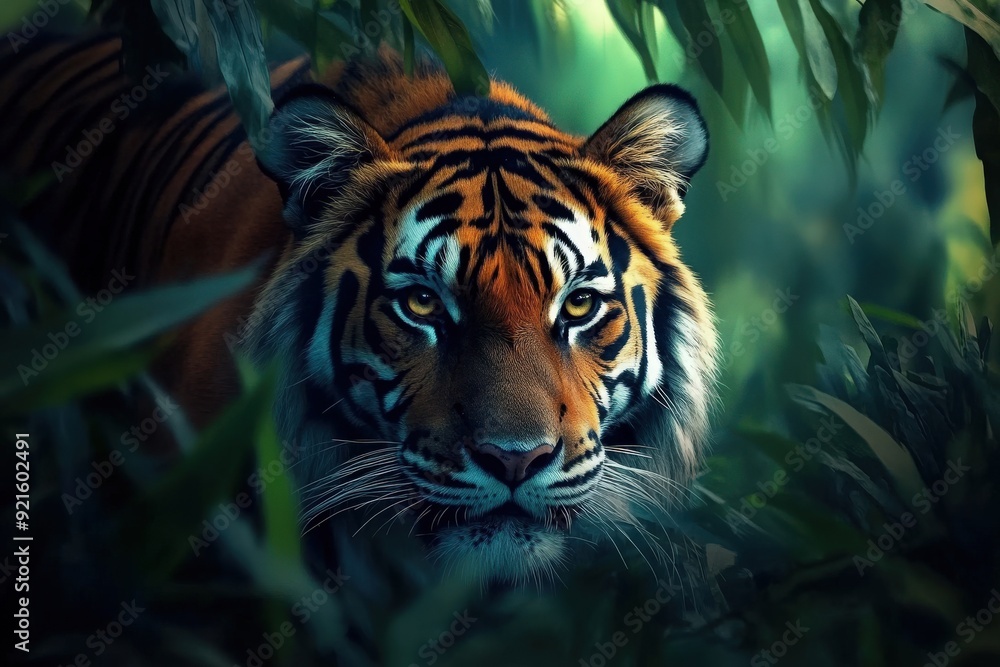 A majestic tiger lurking in the lush greenery, showcasing its striking features and intense gaze in a vibrant natural habitat. A majestic tiger lurking in the lush greenery, showcasing its striking features and intense gaze in a vibrant natural habitat.