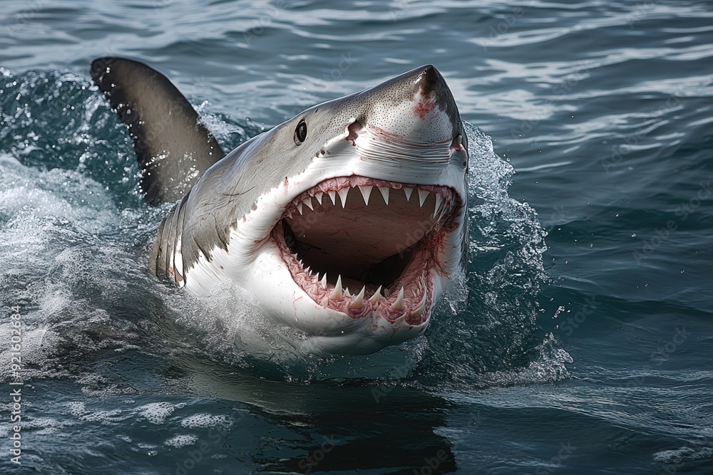 Naklejka premium A powerful shark leaps from the water, showcasing its sharp teeth and majestic presence in the ocean environment.