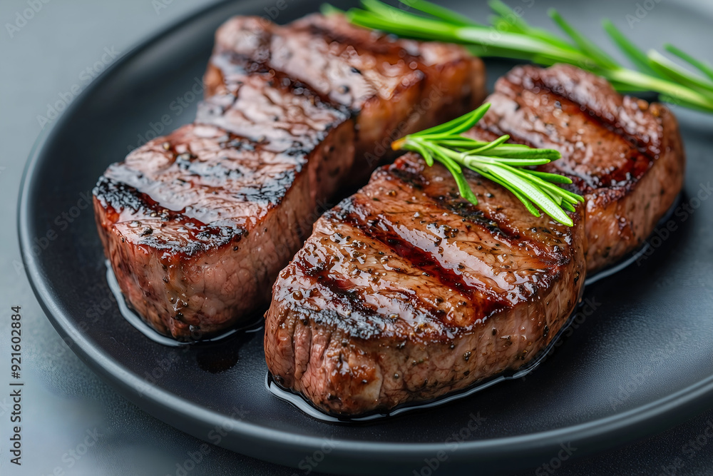 Juicy Grilled Steak with Fresh Rosemary on a Black Plate, Perfect for a Gourmet Meal Juicy Grilled Steak with Fresh Rosemary on a Black Plate, Perfect for a Gourmet Meal
