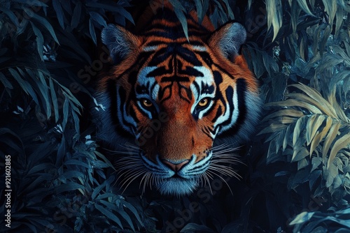 A stunning tiger emerges from dense foliage, showcasing its majestic beauty and fierce gaze in a vibrant, untouched jungle environment.