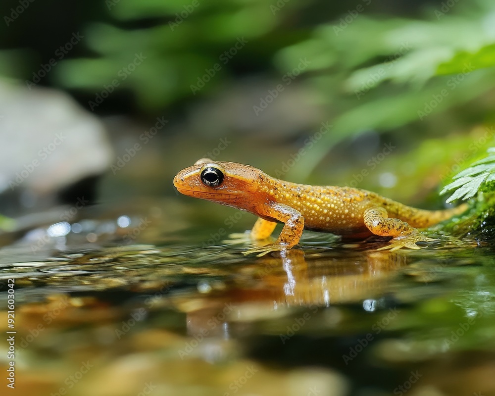 A vibrant orange newt explored a serene forest stream, showcasing its beautiful colors amid lush greenery. A vibrant orange newt explored a serene forest stream, showcasing its beautiful colors amid lush greenery.