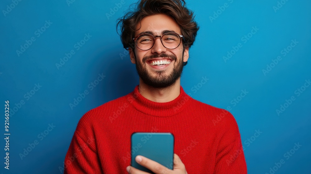 Smiling Man Using Smartphone Against Blue Background – Perfect for Marketing and Promotional Photos Smiling Man Using Smartphone Against Blue Background – Perfect for Marketing and Promotional Photos