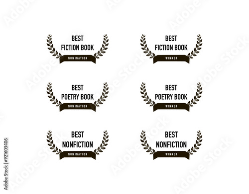 Best book award: fiction, nonfiction, poetry. Vector logo set black and white for winner or nomination