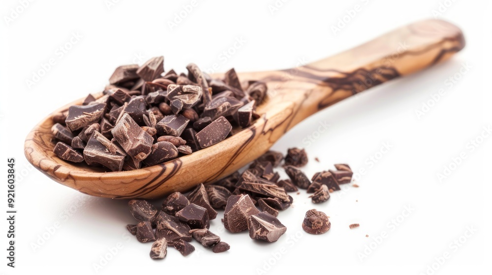 Obraz premium Cacao Nibs in Wooden Spoon Isolated on white background