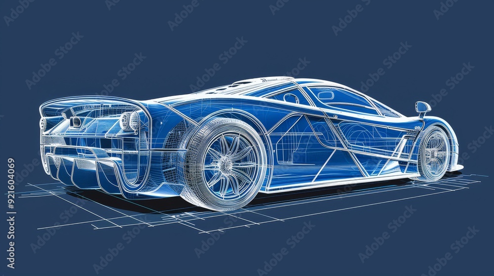 Naklejka premium on blue paper, technical diagram of the supercar