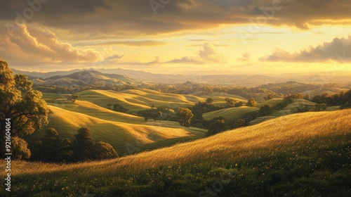 Golden Hour Over Rolling Hills and Fields