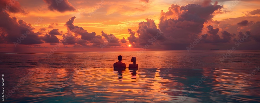 Silhouettes of a Couple Relaxing in a Pool at Sunset Silhouettes of a Couple Relaxing in a Pool at Sunset