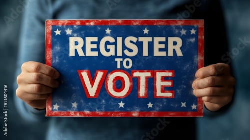 Close-up of “REGISTER TO VOTE” sign - red white and blue - election - politics 