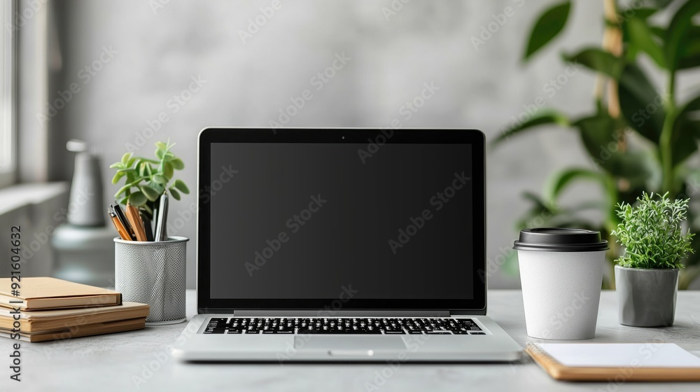 Workspace with desktop and laptop computer, office supplies, houseplant and books at home or studio. Blank screen for graphics display montage. Workspace with desktop and laptop computer, office supplies, houseplant and books at home or studio. Blank screen for graphics display montage.