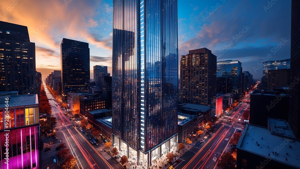 Fototapeta premium Tall Glass Skyscraper at Dusk in Modern Cityscape with Light Trails