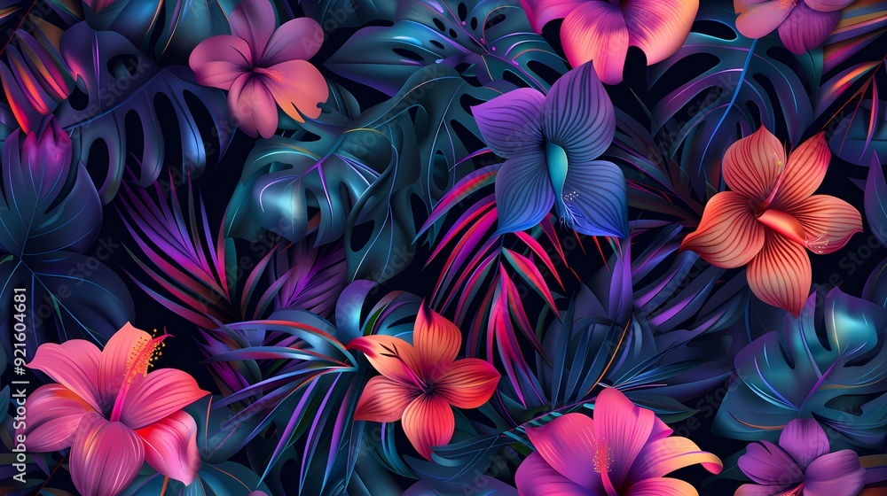 Fototapeta premium Vibrant Tropical Flowers and Leaves Seamless Pattern.